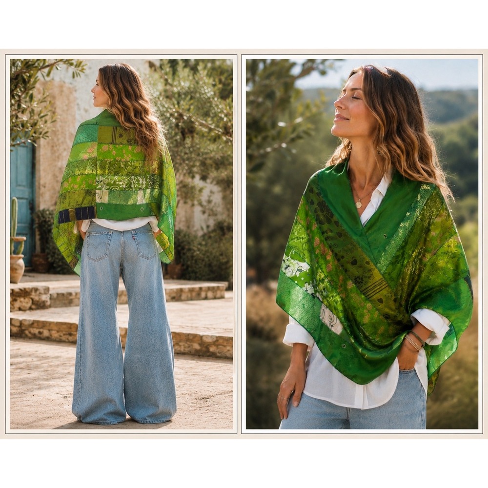 Handmade 100% Silk Patchwork Wrap Shawl Green Mixed Floral Paisley Made in India